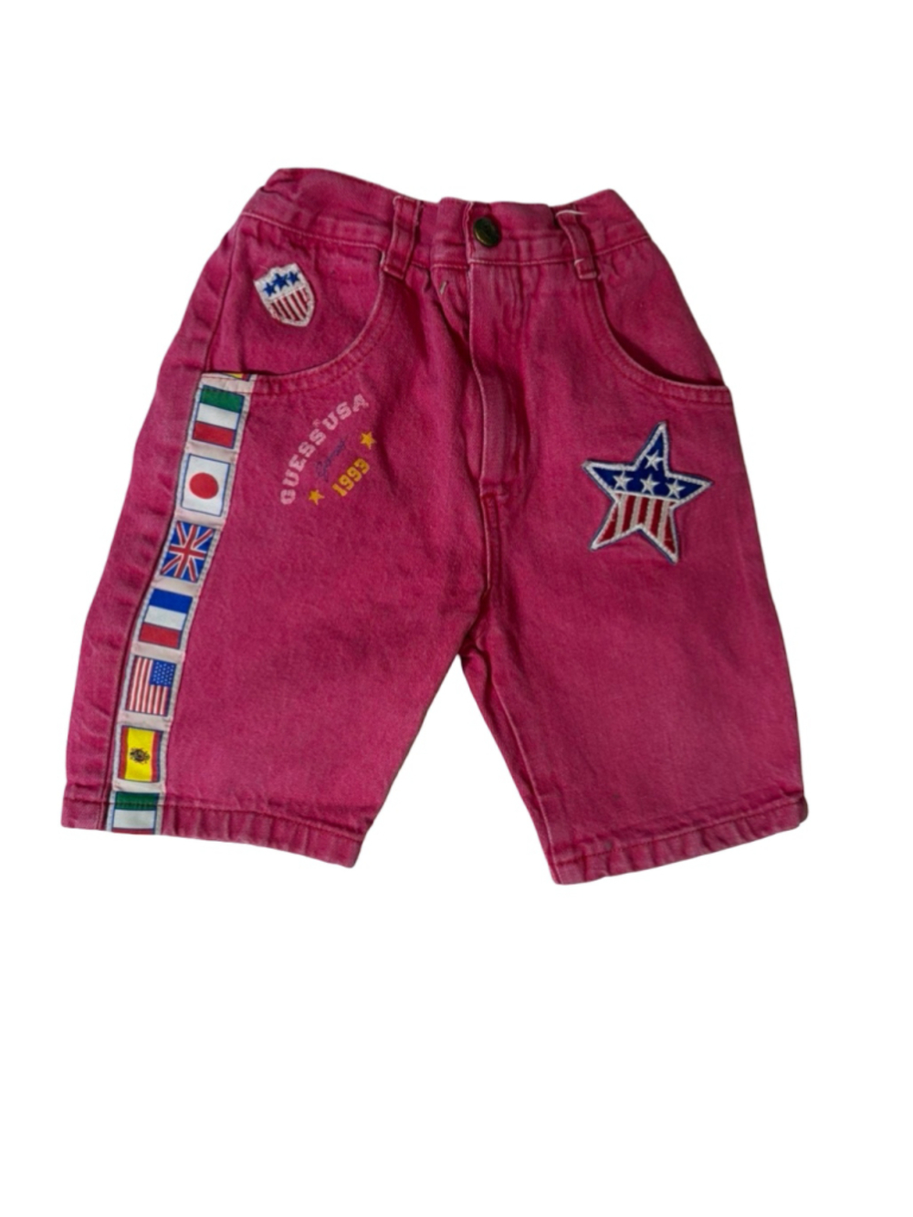 Vintage Guess USA Kids Denim Shorts Pink Flags Patch 90s USA Star Logo 3Y